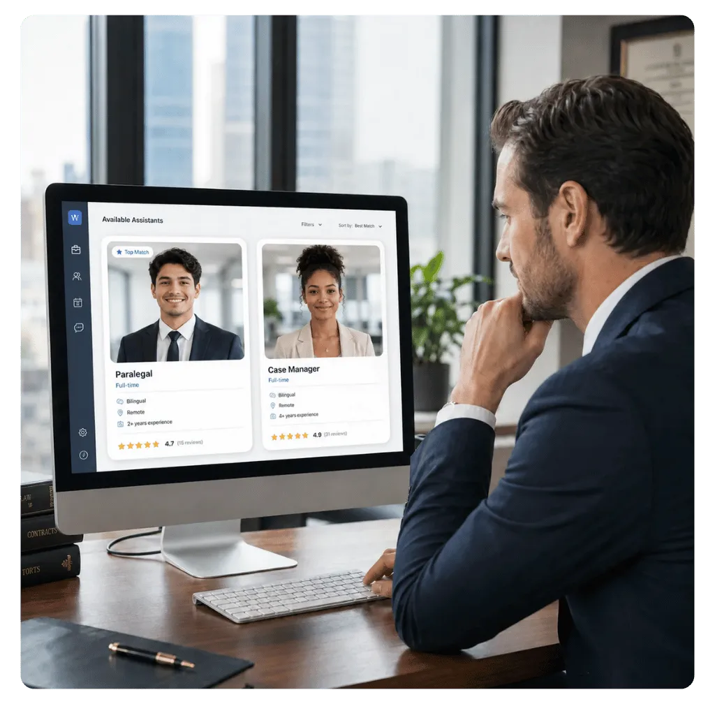An attorney reviewing remote legal assistant profiles on screen